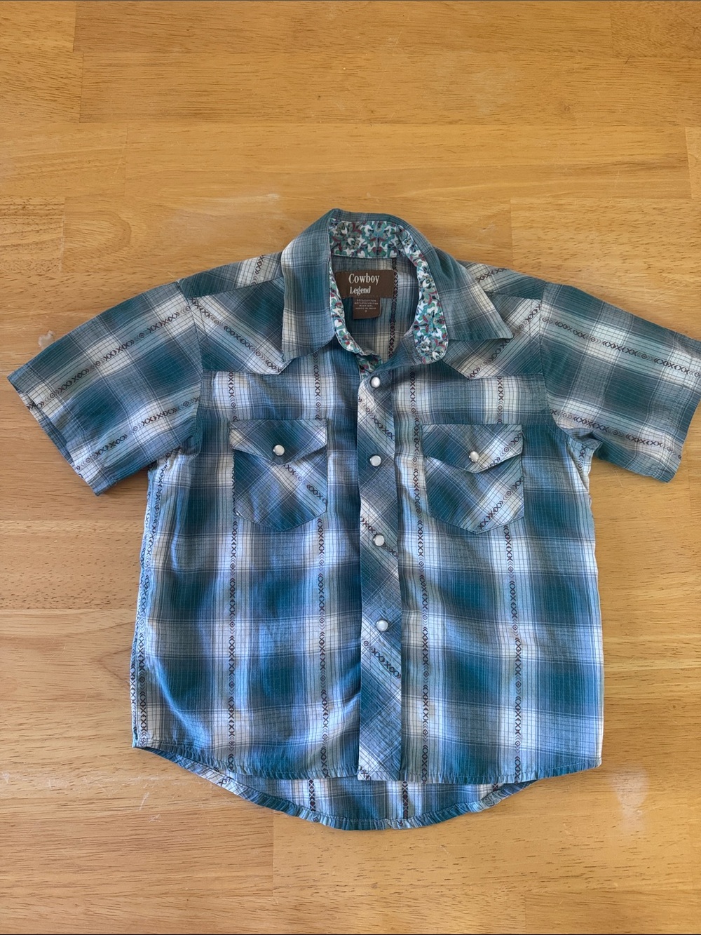 Boyโs Cowboy Legend Teal Plaid Short-Sleeve Button-Down pearl snap shirt